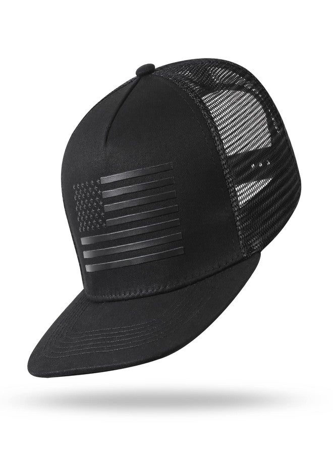 UALON Baseball Cap, Snapback Trucker Hat for Men & Women with American Flag and Adjustable, Breathable Mesh, Flat Bill Hats Black/Black - Image 2